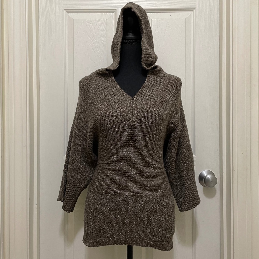 Anthropologie Kenji Hooded Knit Sweater 3/4 Dolman Sleeves V Neck Brown Small‎